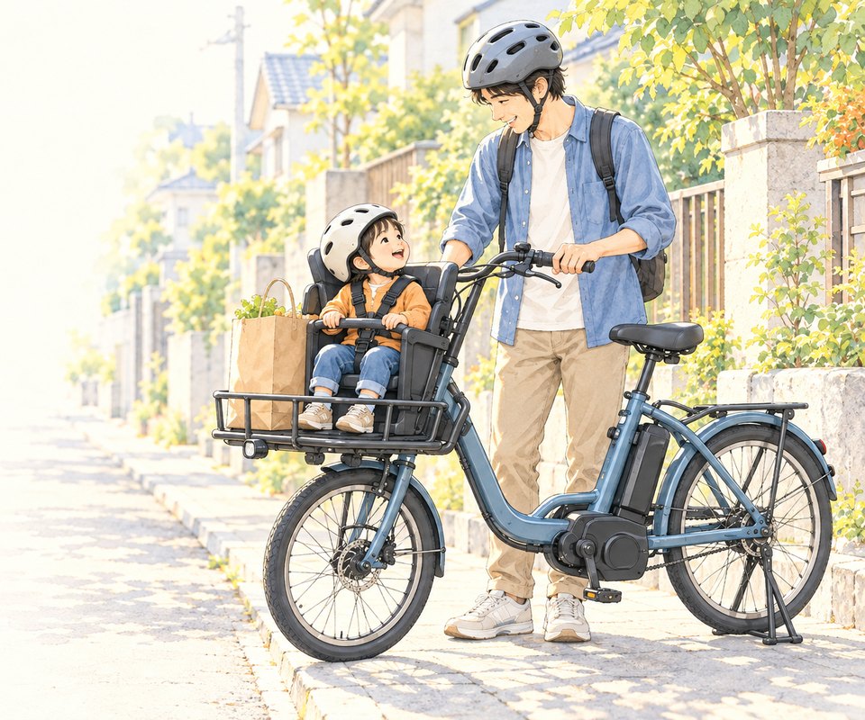 前の荷台にチャイルドシートを付けた電動カーゴバイクのイメージイラスト